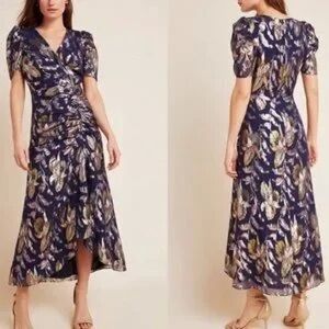 Shoshanna Midnight SZ 6 Chloe Rose floral metallic short sleeve shirred dress